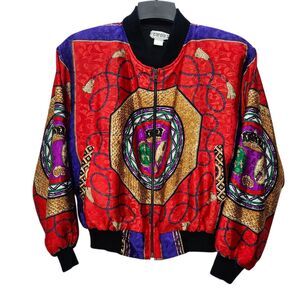 Vintage Carolas Silky Bomber Jacket Womens XL Shoulder Pads 90s Retro Old Money